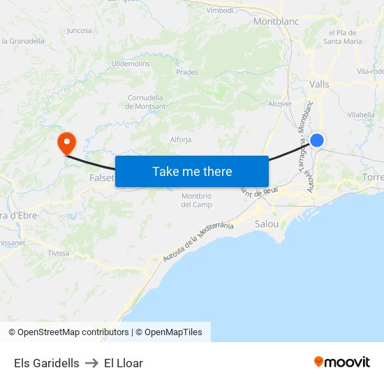 Els Garidells to El Lloar map