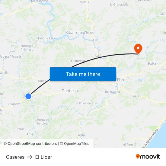 Caseres to El Lloar map