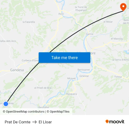 Prat De Comte to El Lloar map