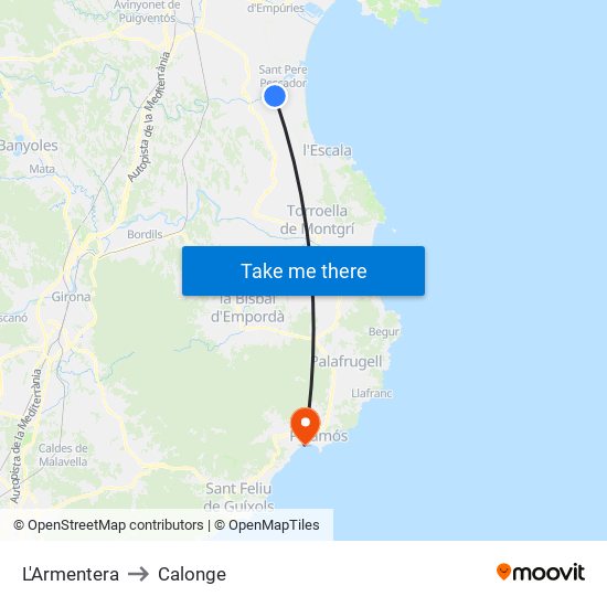 L'Armentera to Calonge map
