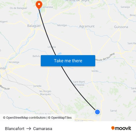 Blancafort to Camarasa map