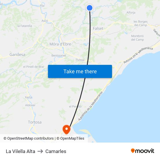 La Vilella Alta to Camarles map