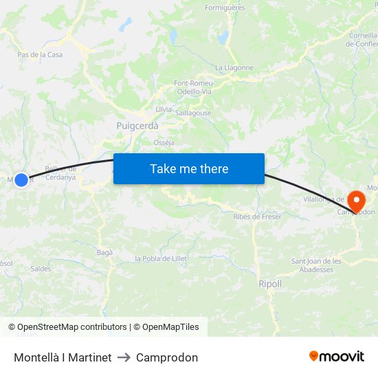Montellà I Martinet to Camprodon map
