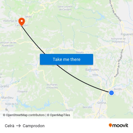 Celrà to Camprodon map