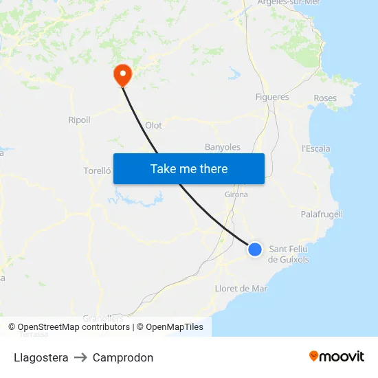 Llagostera to Camprodon map