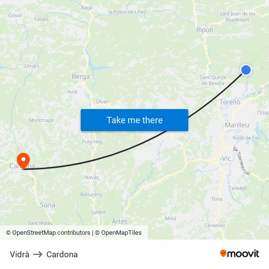 Vidrà to Cardona map