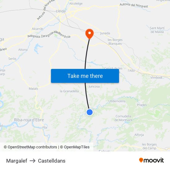Margalef to Castelldans map