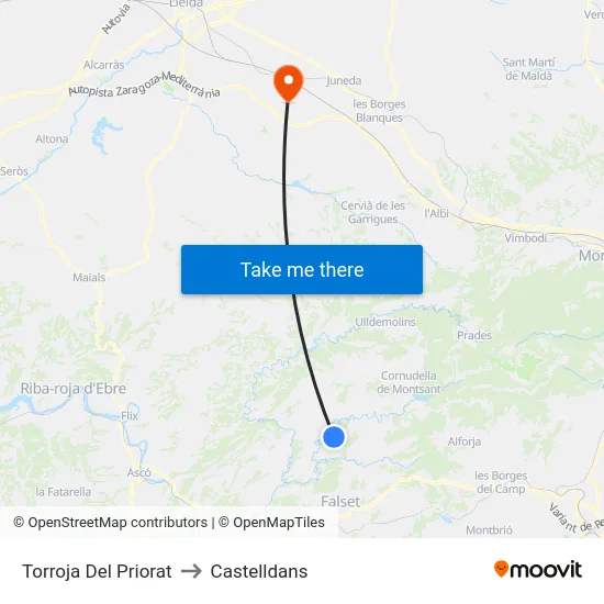 Torroja Del Priorat to Castelldans map