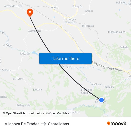 Vilanova De Prades to Castelldans map