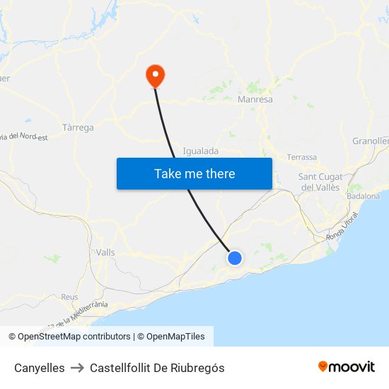 Canyelles to Castellfollit De Riubregós map