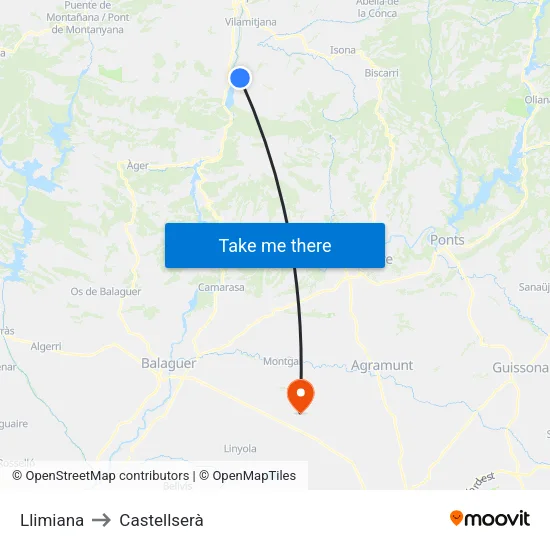 Llimiana to Castellserà map