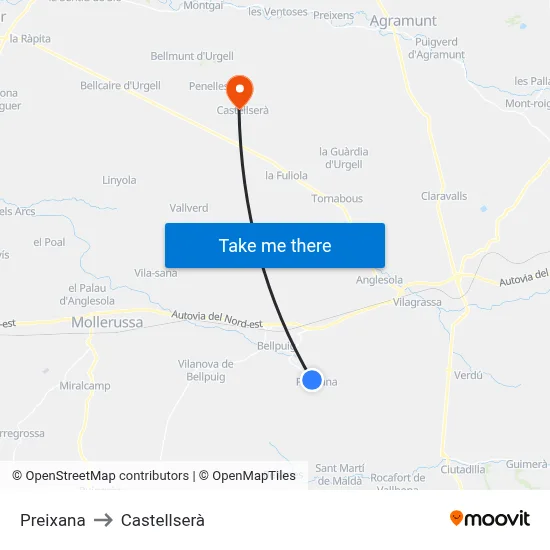 Preixana to Castellserà map