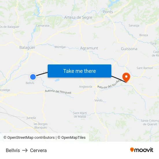 Bellvís to Cervera map