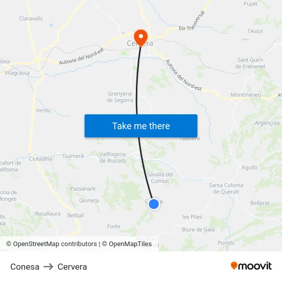 Conesa to Cervera map