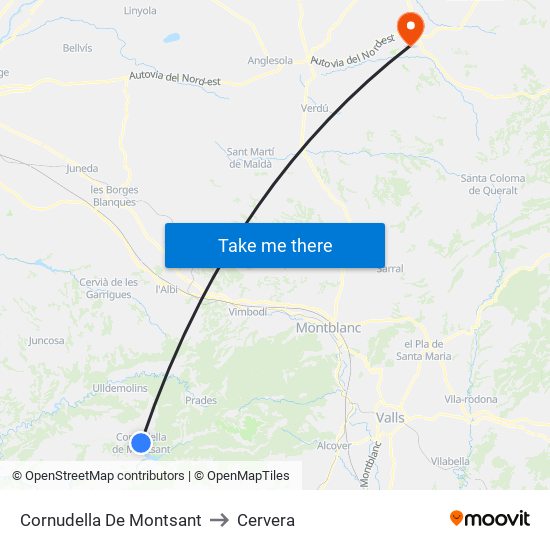 Cornudella De Montsant to Cervera map