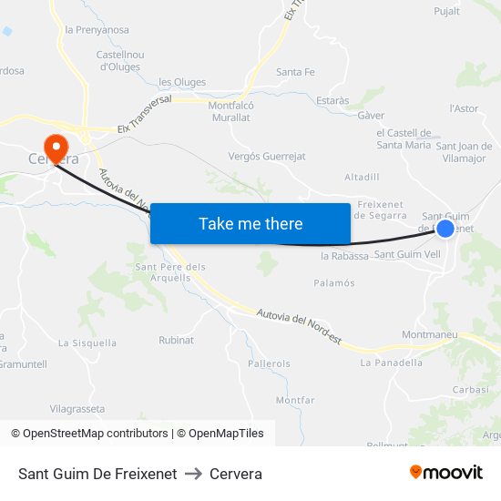 Sant Guim De Freixenet to Cervera map