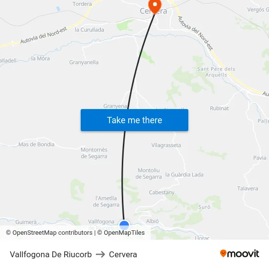 Vallfogona De Riucorb to Cervera map