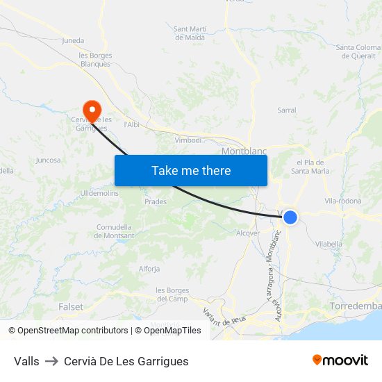 Valls to Cervià De Les Garrigues map