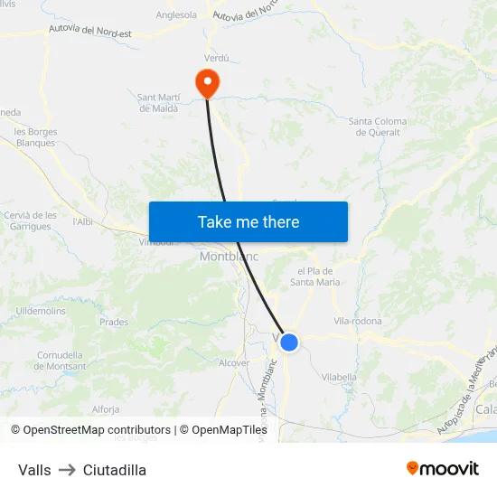 Valls to Ciutadilla map