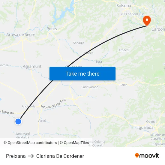 Preixana to Clariana De Cardener map