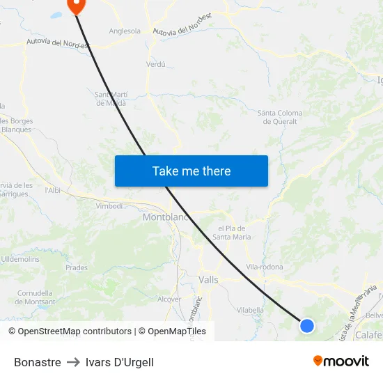 Bonastre to Ivars D'Urgell map