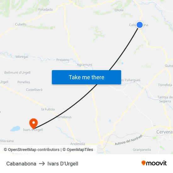 Cabanabona to Ivars D'Urgell map