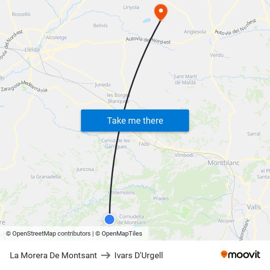 La Morera De Montsant to Ivars D'Urgell map