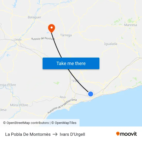 La Pobla De Montornès to Ivars D'Urgell map