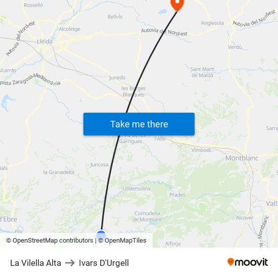 La Vilella Alta to Ivars D'Urgell map