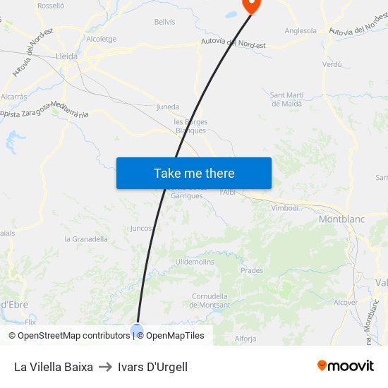 La Vilella Baixa to Ivars D'Urgell map