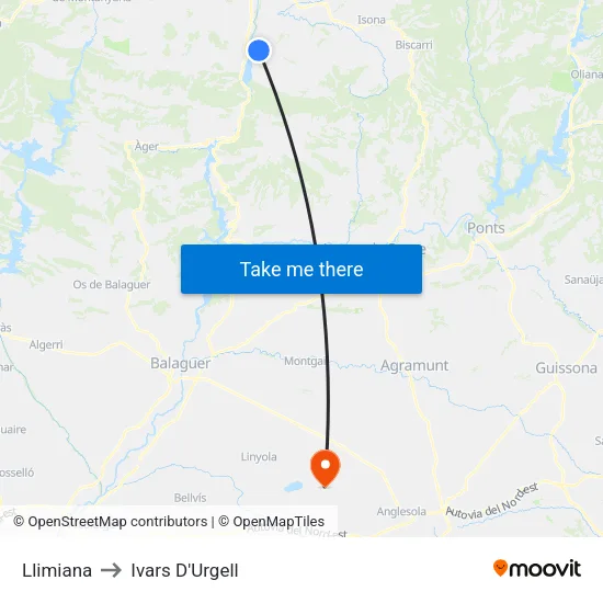 Llimiana to Ivars D'Urgell map