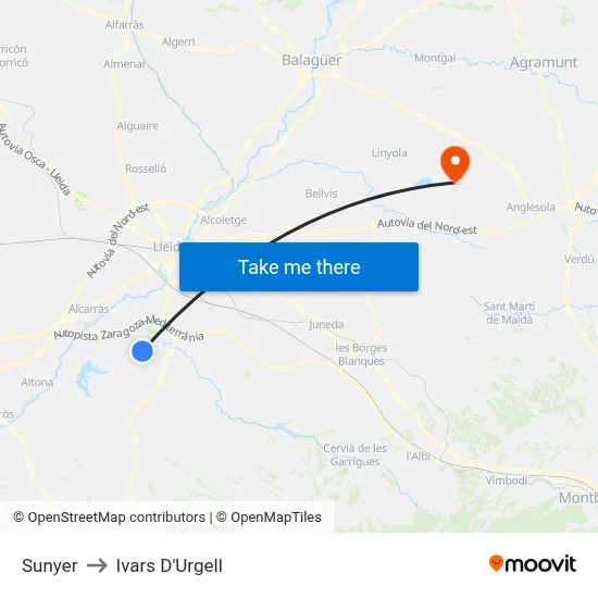 Sunyer to Ivars D'Urgell map