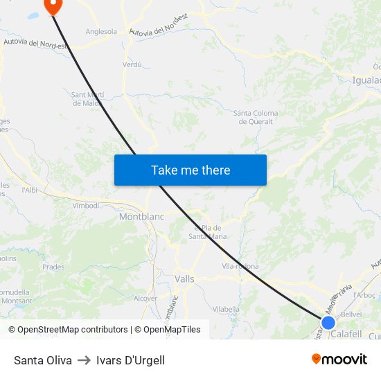 Santa Oliva to Ivars D'Urgell map