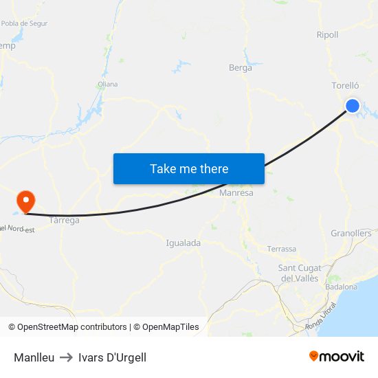 Manlleu to Ivars D'Urgell map
