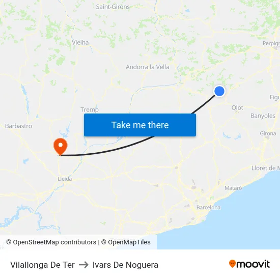 Vilallonga De Ter to Ivars De Noguera map