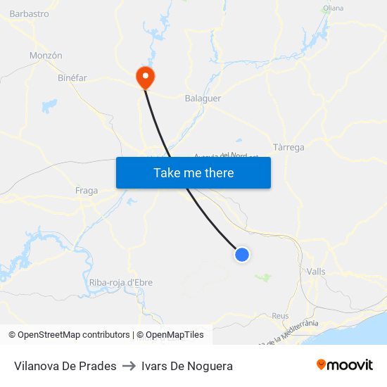 Vilanova De Prades to Ivars De Noguera map