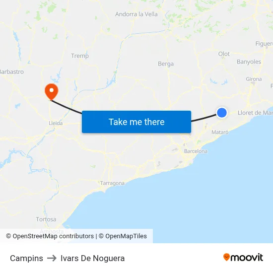 Campins to Ivars De Noguera map