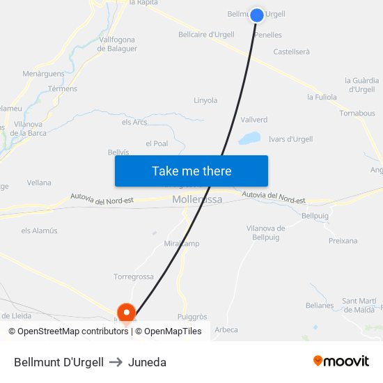 Bellmunt D'Urgell to Juneda map