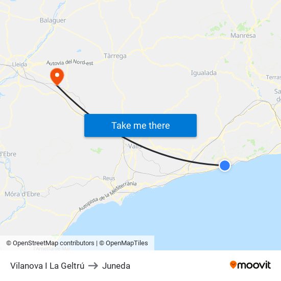 Vilanova I La Geltrú to Juneda map