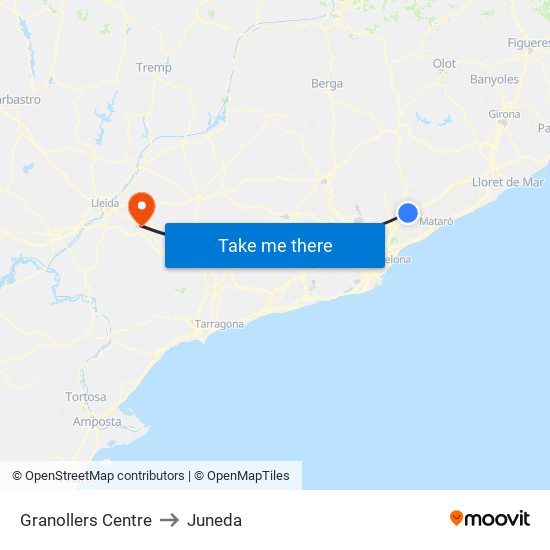 Granollers Centre to Juneda map