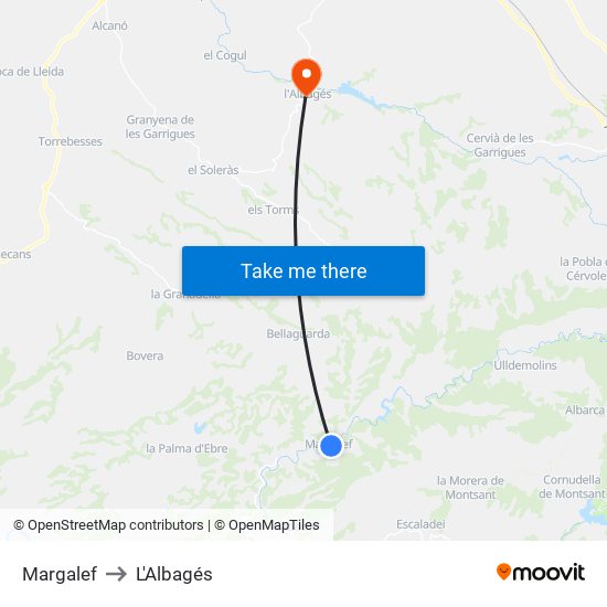 Margalef to L'Albagés map
