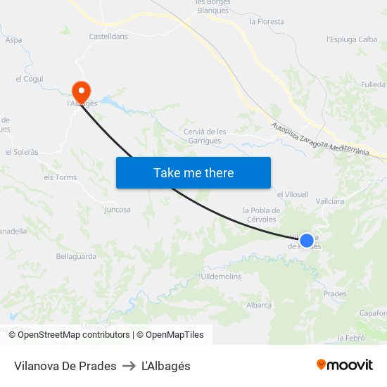 Vilanova De Prades to L'Albagés map