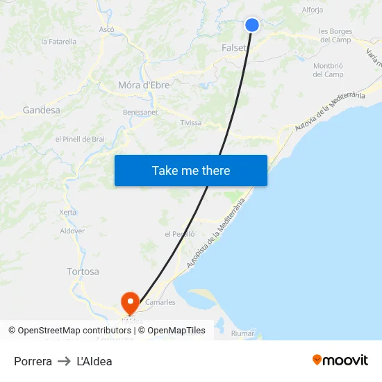 Porrera to L'Aldea map