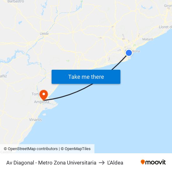Av Diagonal - Metro Zona Universitaria to L'Aldea map