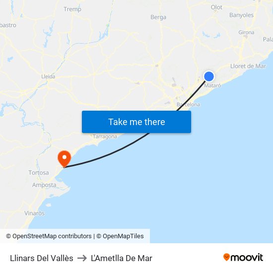 Llinars Del Vallès to L'Ametlla De Mar map