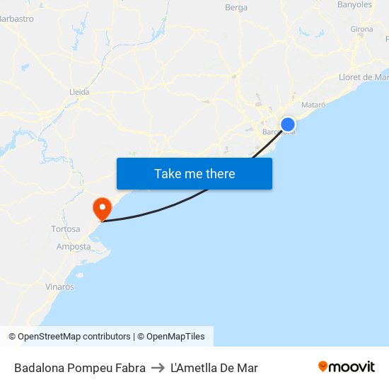 Badalona Pompeu Fabra to L'Ametlla De Mar map