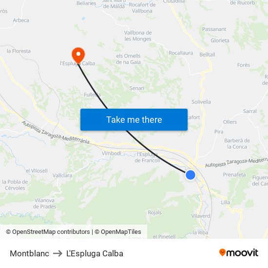 Montblanc to L'Espluga Calba map