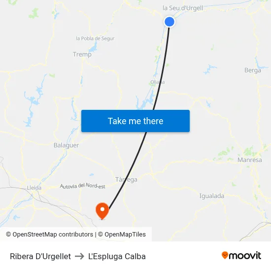 Ribera D'Urgellet to L'Espluga Calba map