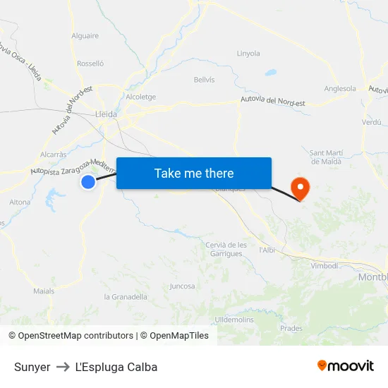 Sunyer to L'Espluga Calba map