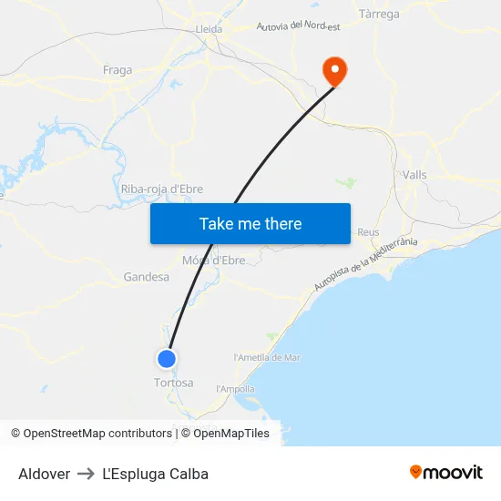 Aldover to L'Espluga Calba map